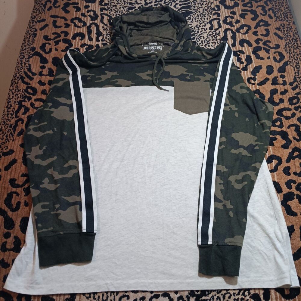 American Rag Camo Hooded T Shirt Mens Size 2XL With Pocket Gray With Drawstring